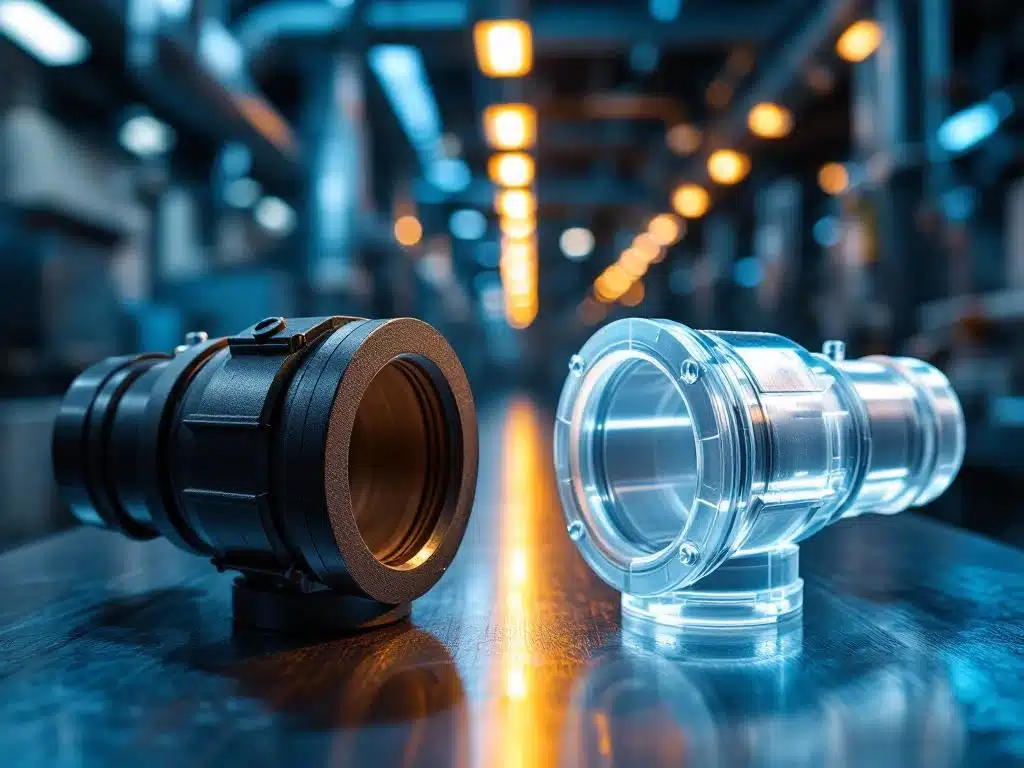 Twee industriële luchtverwerkingskoppelingen op metalen oppervlak: zwarte rubber links, transparante silicone rechts