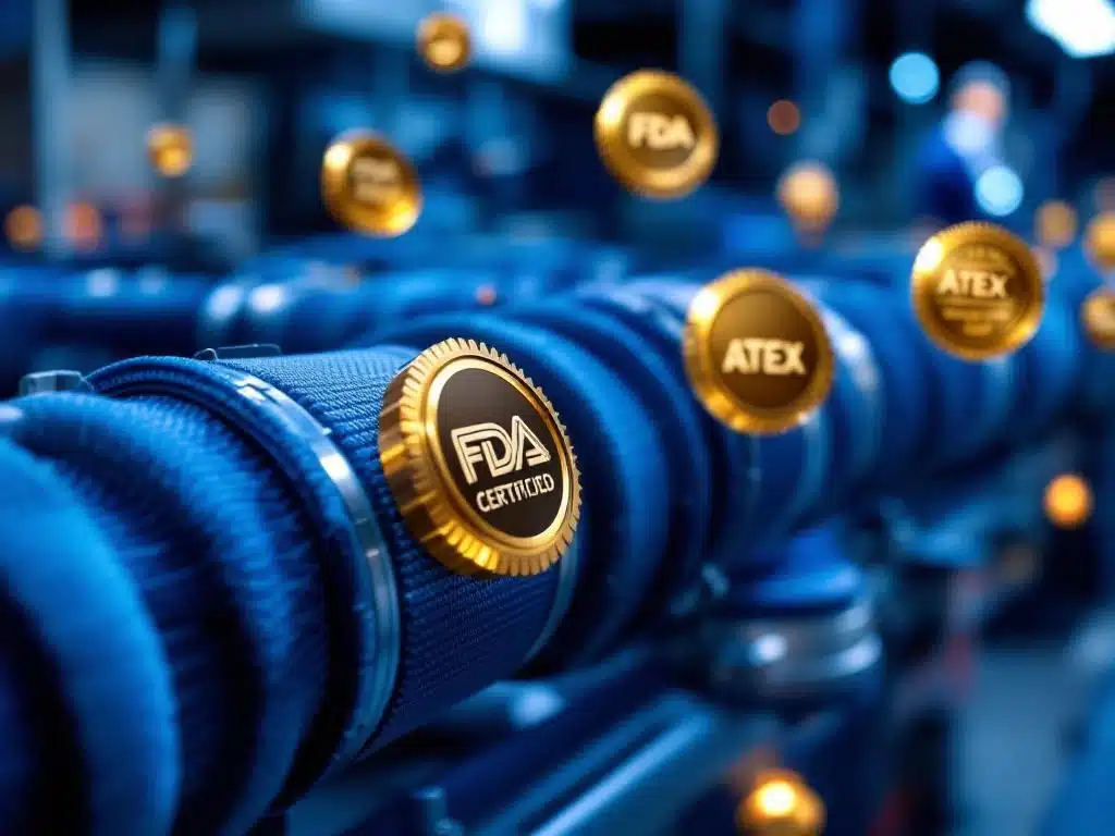 Industriële luchtbehandelingsleidingen met FDA, ATEX en kwaliteitscertificaten in close-up, metalen koppelingen zichtbaar