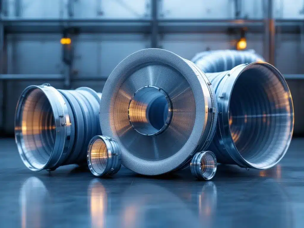 Industriële luchtbehandelingsmouwen in verschillende maten van 100mm tot 800mm gerangschikt op stalen achtergrond