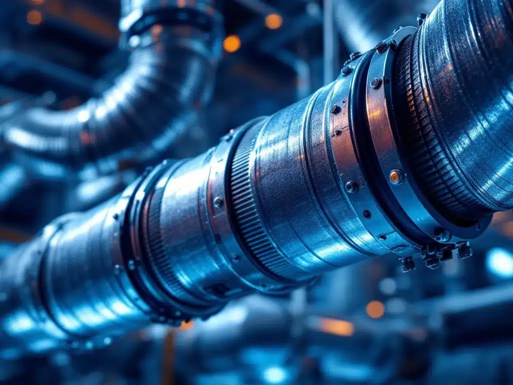 Industriële luchtkanaalverbinding met flexibele koppeling, metalen klemmen en rubberen afdichting in blauw-zilver licht