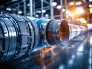 Industriële luchtkanalen met flexibele stof verbindingen en compensatoren in metaal, grijs en blauw