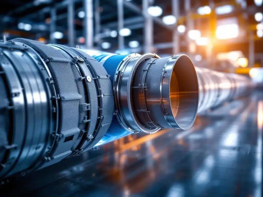 Industriële luchtkanalen met flexibele stof verbindingen en compensatoren in metaal, grijs en blauw