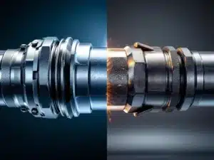 Vergelijking van industriële leidingverbindingen: snelkoppeling met ribbeltextuur links, gelaste verbinding rechts