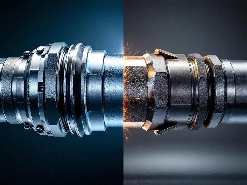 Vergelijking van industriële leidingverbindingen: snelkoppeling met ribbeltextuur links, gelaste verbinding rechts