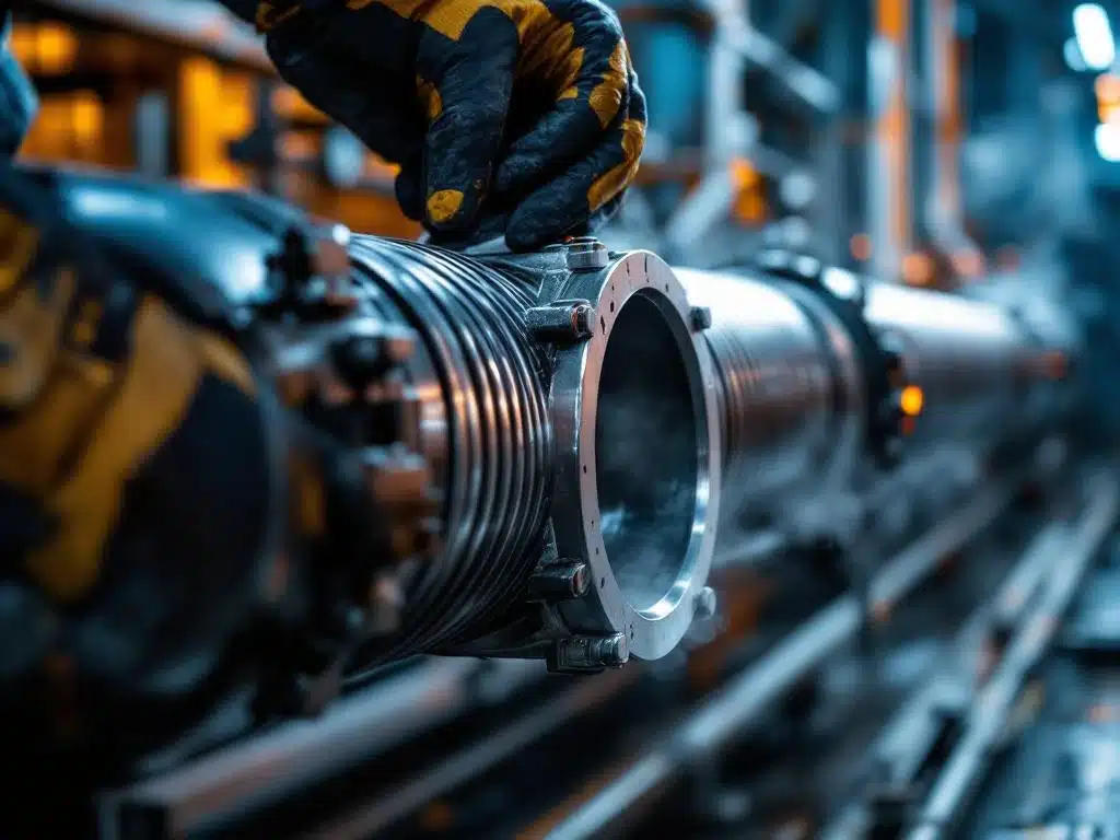 Technicus installeert roestvrijstalen expansievoeg met golfbalg in industriële pijpleiding met stoom en gereedschap