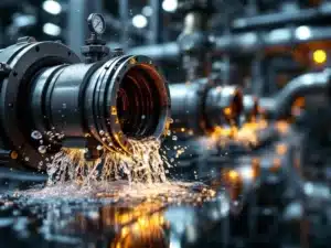 Industriële snelkoppeling slangen onder druktest met stalen connectoren en drukmeter op maximum capaciteit