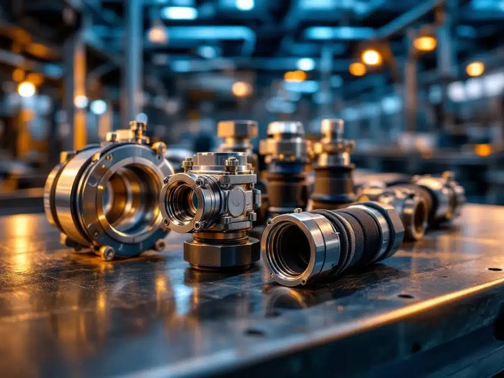 Industriële snelkoppelingen en flexibele mouwen op werkbank met roestvrijstalen klemmen en precisie-ontgrendelmechanismen