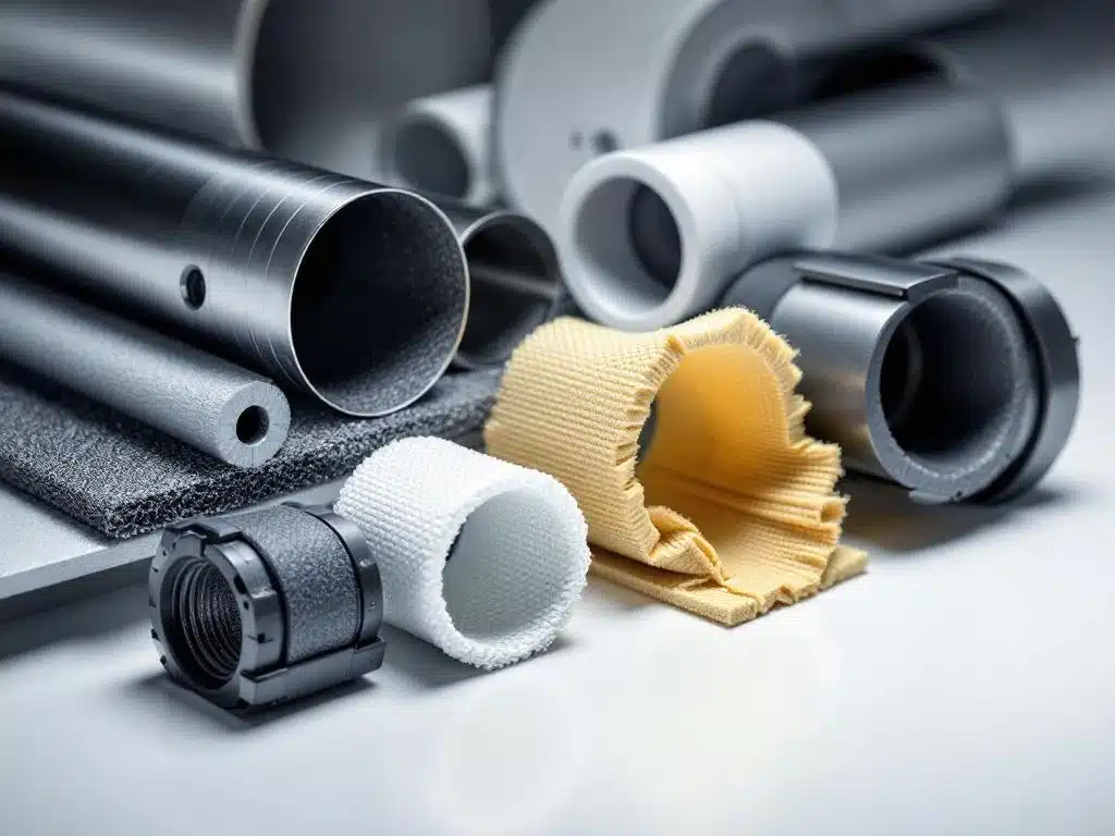 Verschillende industriële snelkoppeling materialen met staal, rubber en composiet textures onder professionele belichting