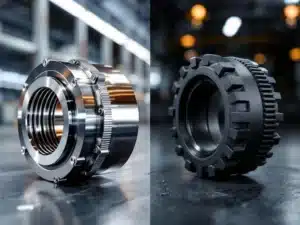 Twee industriële snelkoppelingen zij aan zij: glanzende stalen koppeling links, zwarte rubberen koppeling rechts