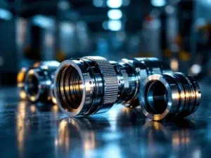 Industriële snelkoppelingmouwen van chroom en roestvrijstaal in high-tech productieomgeving met dramatische belichting