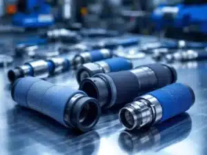 Industriële snelkoppeling mouwen van verschillende materialen op roestvrijstalen oppervlak met kwaliteitscontrole gereedschap