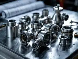 Industriële snelkoppeling mouwen op stalen werkbank met precisie schroefdraad en afdichtingen, technische gereedschappen op achtergrond