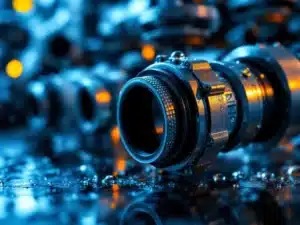 Industriële snelkoppeling mouwstukken met rubberen pakkingen en metalen klemmen, waterdruppels tonen lekpreventie