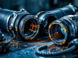 Industriële snelkoppeling mouwen met scheuren in rubber, verroeste klemmen en versleten versterkingsdraad op werkbank