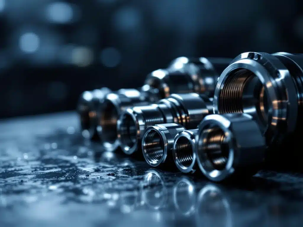 Industriële snelkoppeling mouwen in verschillende maten gerangschikt diagonaal, met stalen oppervlakken en rubber afdichtingen