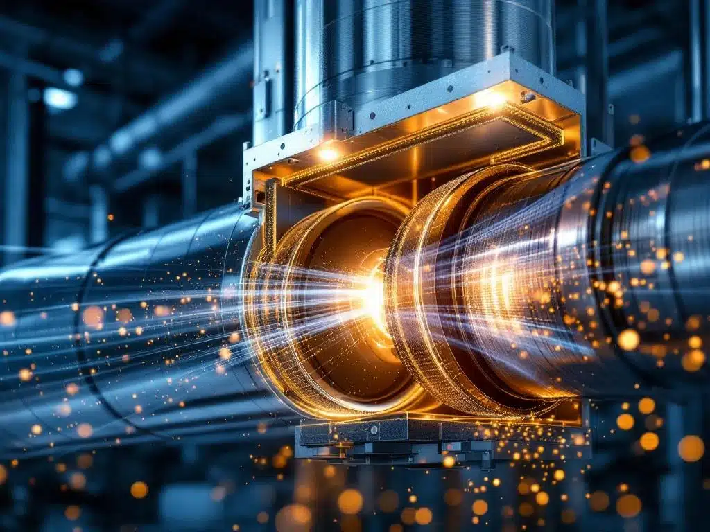 Doorsnede van industriële ventilatiekanalen met flexibele koppelingen en luchtstroom visualisatie in blauw-staal kleurenpalet