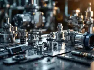 Precisie meetinstrumenten en industriële koppelingen op werkbank met dramatische verlichting en scherpe focus