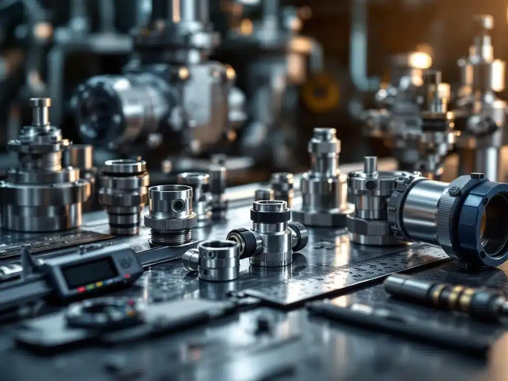 Precisie meetinstrumenten en industriële koppelingen op werkbank met dramatische verlichting en scherpe focus