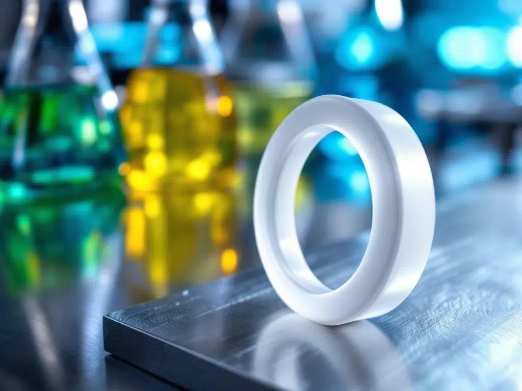 Witte PTFE industriële afdichting op roestvrijstalen oppervlak met kleurrijke chemische oplossingen op achtergrond