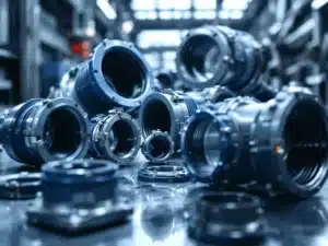 Snelkoppelingsmanchetten in verschillende maten met geribbelde textuur en metalen klemmen op industriële achtergrond