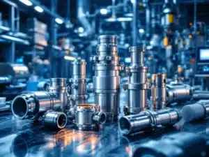 Industriële snelkoppelingen van verschillende maten en materialen in farmaceutische, voedsel- en chemische productieomgevingen
