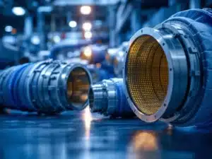 Industriële snelkoppelingsmanchetten met metalen en stof verbindingen, gedetailleerd gefotografeerd met blauw-zilver kleurenpalet