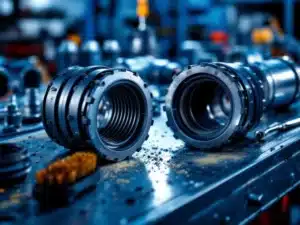 Doorsnede van industriële snelkoppelingsmanchetten met gereedschap op metalen werkbank, close-up detail van ribbelstructuur