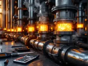 Industriële metalen leidingen met thermische expansievoegen en flexibele compensators, meetinstrumenten op voorgrond
