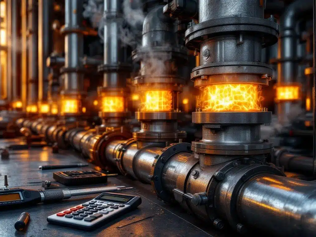 Industriële metalen leidingen met thermische expansievoegen en flexibele compensators, meetinstrumenten op voorgrond