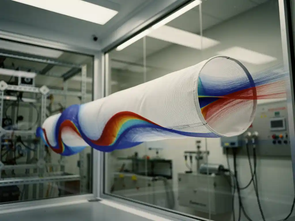Witte airsock stof in windtunnel met kleurrijke luchtstroomvisualisatie in blauw en rood, laboratoriumapparatuur op achtergrond