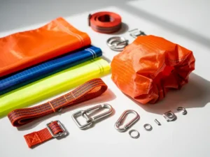 Kleurrijke ripstop nylon stoffen, polyester riemen, karabiners en gespen voor luchtzokkenfabricage op witte ondergrond