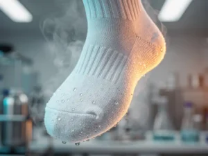 Witte sportsok met waterdruppels en stoom door temperatuurverandering in laboratoriumomgeving