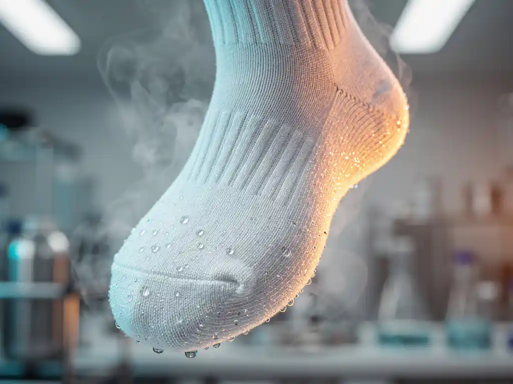 Witte sportsok met waterdruppels en stoom door temperatuurverandering in laboratoriumomgeving