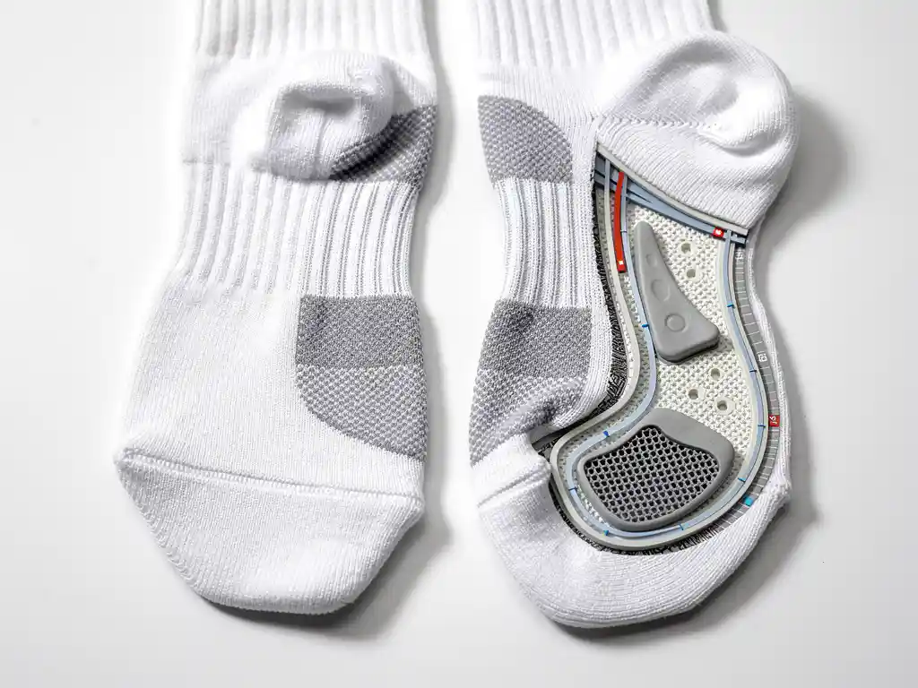 Hoogwaardige sportsokken met zichtbare vezelstructuur en vochtafvoerende lagen op witte achtergrond