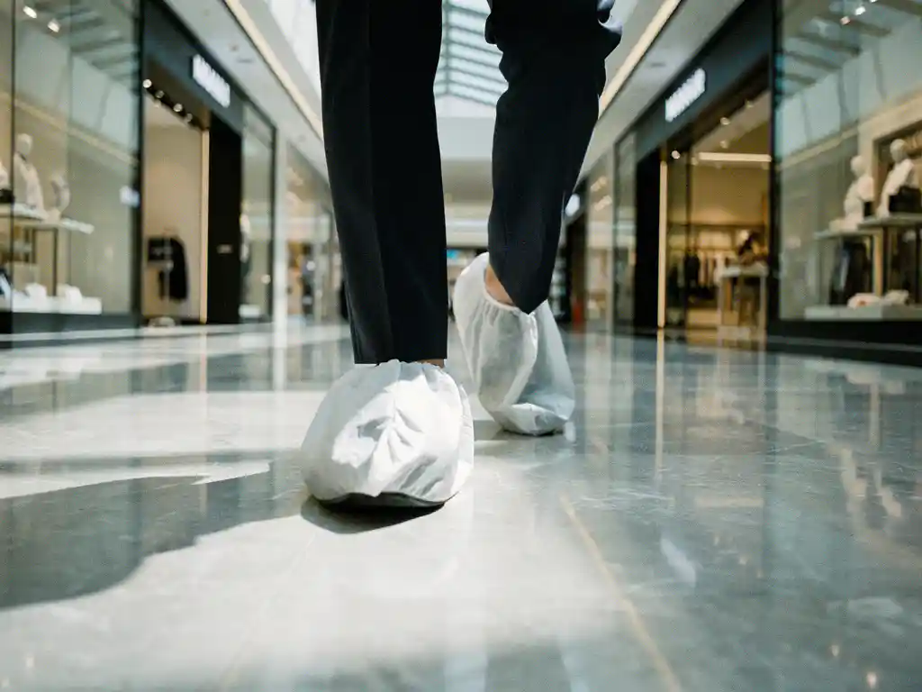 Persoon met witte beschermende schoenhoezen loopt door moderne winkelcentrum gang met marmeren vloeren