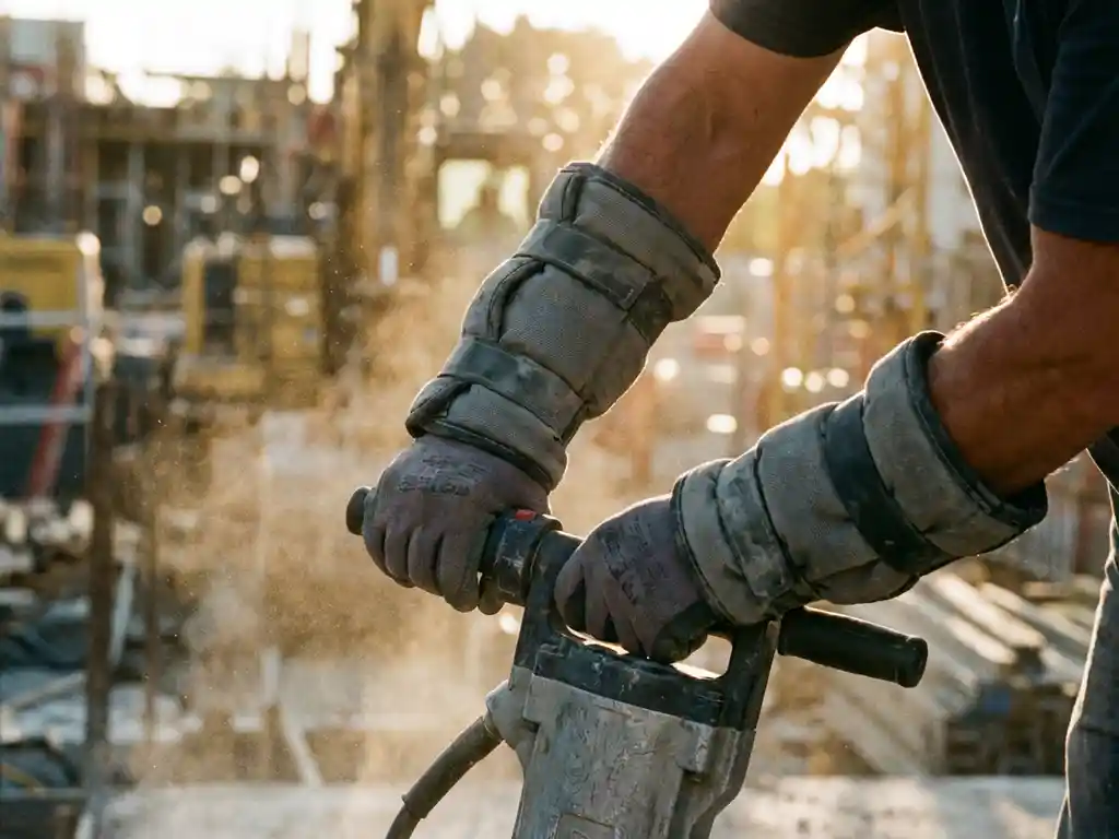 Bouwvakker gebruikt pneumatische hamer met trillingsdempers op bouwplaats, betondeeltjes in zonlicht zichtbaar
