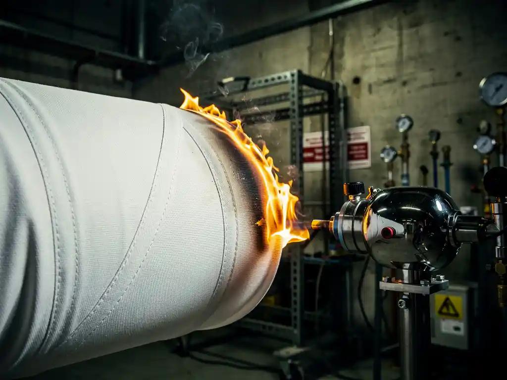 Witte stoffen luchtslang ondergaat brandweerstandstest met vlammen in industrieel laboratorium