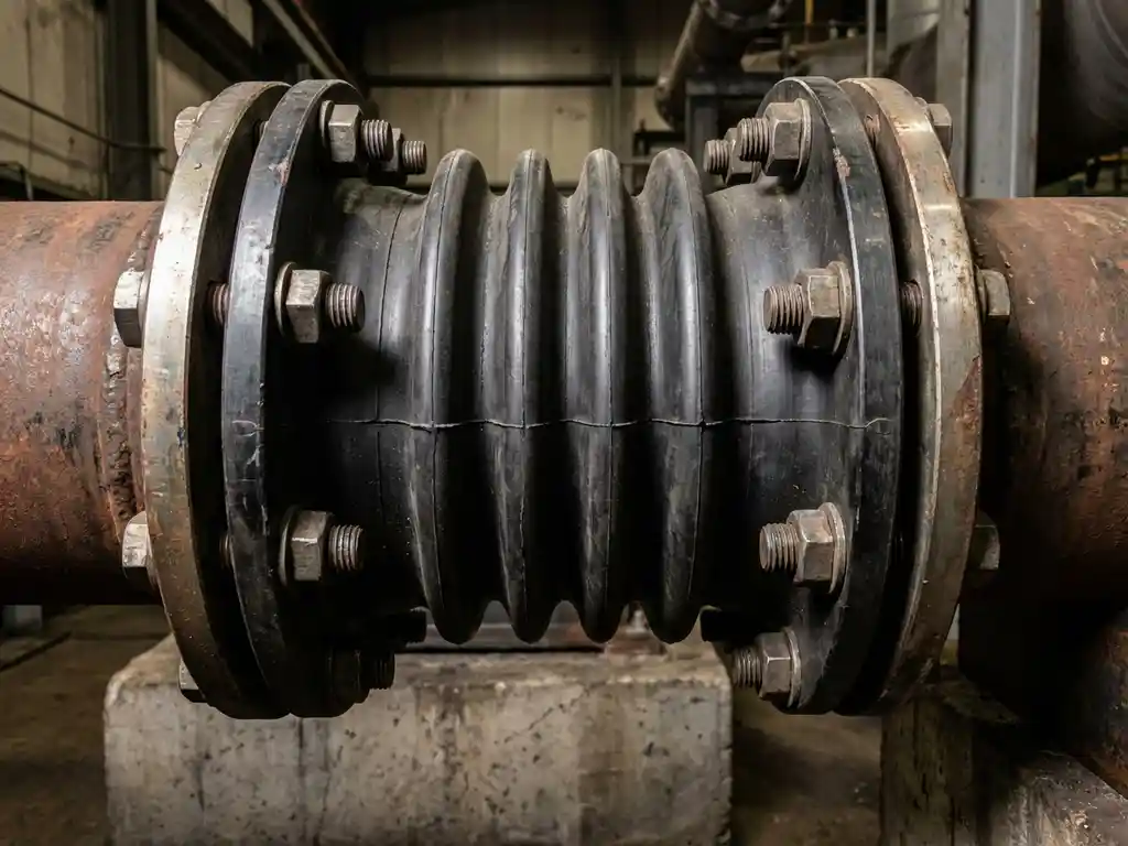 Compensatiemanchet met flexibele rubber balg en metalen flenzen geïnstalleerd op industriële pijpleiding