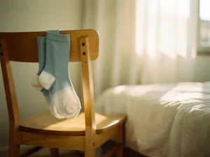 Compressiesokken in lichtblauw-wit gradient over houten stoel in slaapkamer met ochtendlicht door gordijnen