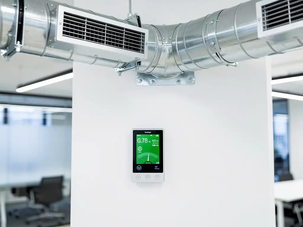 Moderne industriële luchtverdelingssysteem met metalen buizen en energiezuinige ventilatieroosters op witte muur