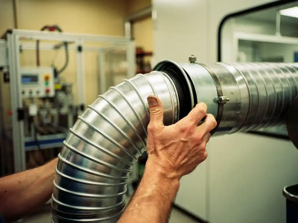 Technicus bevestigt flexibele metalen luchtkanalen aan industriële ventilatieapparatuur in productieomgeving