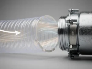Doorsnede van flexibele luchtverdeelslang met geribbelde structuur en luchtstroom, aangesloten op HVAC-fitting