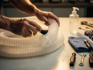 Verweerde handen reinigen flexibele luchtverdeelslang met zachte borstel op werkbanktafel met onderhoudsgereedschap
