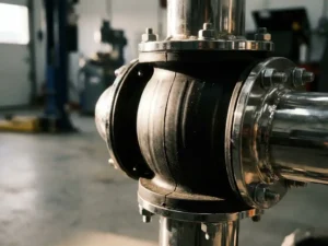 Industriële pijpkoppeling met flexibele rubber expansievoeg tussen metalen buissecties in werkplaats