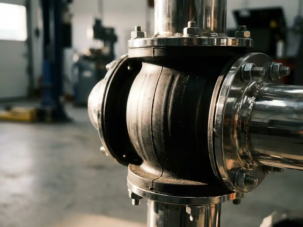 Industriële pijpkoppeling met flexibele rubber expansievoeg tussen metalen buissecties in werkplaats