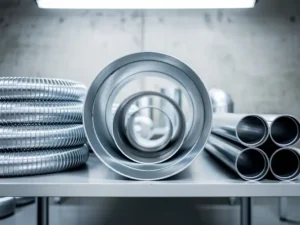 Zilveren metalen luchtverdeelkanalen in verschillende maten op industriële werkbank in HVAC-werkplaats