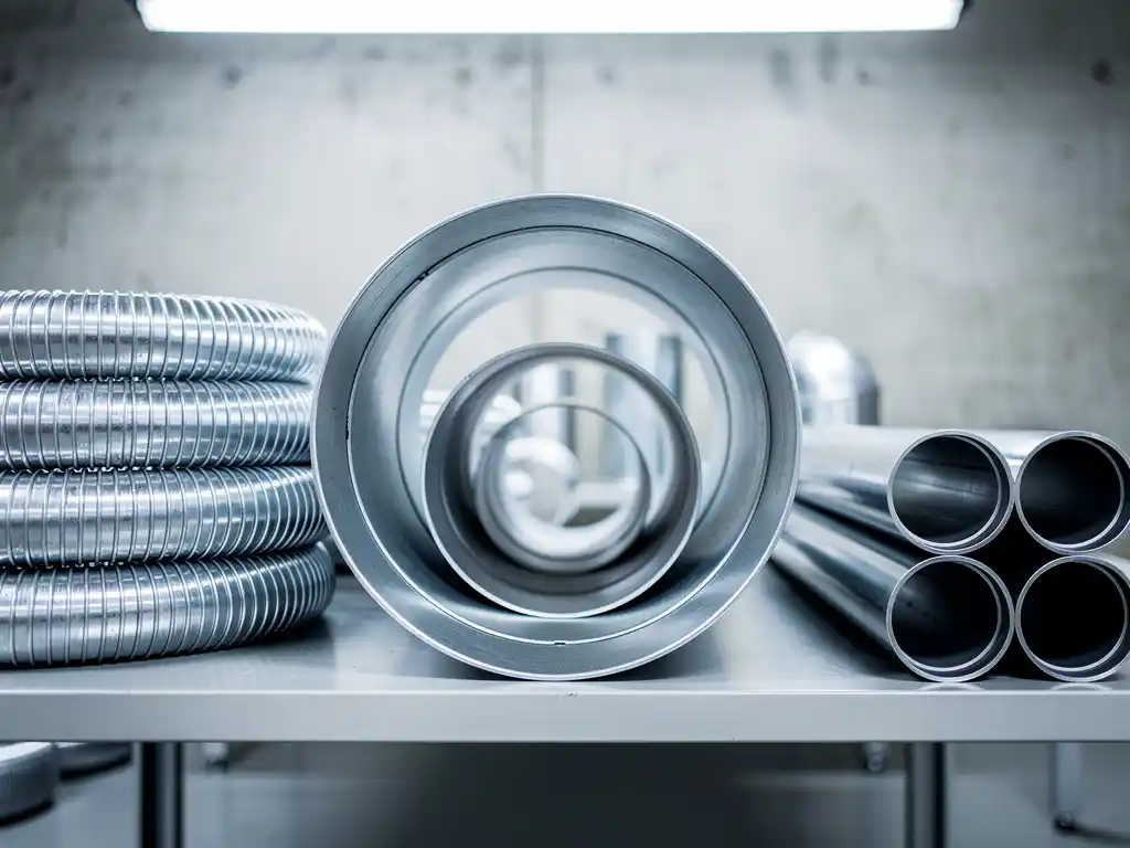 Zilveren metalen luchtverdeelkanalen in verschillende maten op industriële werkbank in HVAC-werkplaats