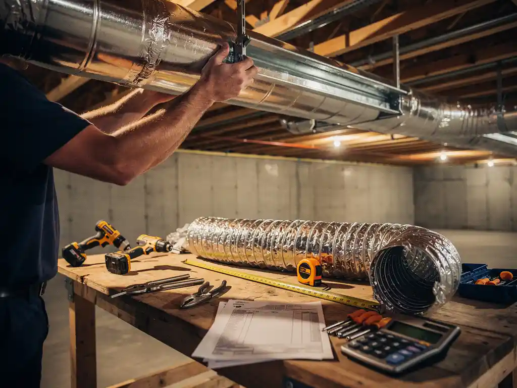 HVAC-technicus installeert zilveren luchtkanalen in woonkelder, gereedschap en rekeningen op werkbank zichtbaar