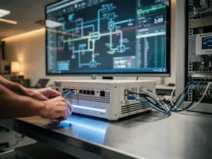 Technicus configureert airsock ventilatiesysteem in moderne gebouwbeheerkamer met HVAC-schermen en LED-indicatoren