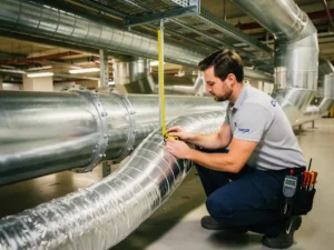 HVAC-technicus meet flexibele luchtkanaal in commercieel gebouw met zichtbare metalen leidingsystemen